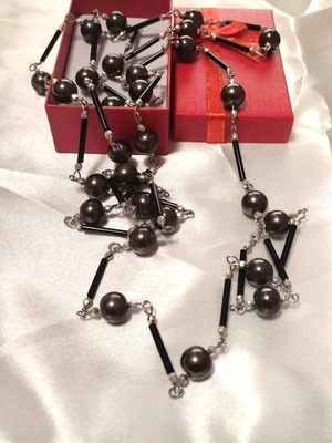 Long necklace in black gray anthracite shades like new with metal details