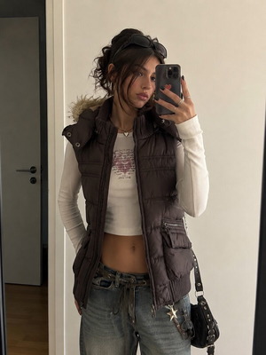 Y2K Sleeveless Puffer Jacket brown with fur hood S.Oliver new