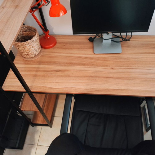 Desk with integrated shelf, wood and metal