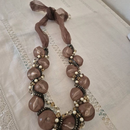 Necklace with Fabric, Glass Balls, Faux Pearls and Beads