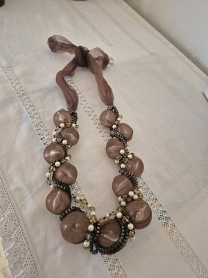Necklace with Fabric, Glass Balls, Faux Pearls and Beads