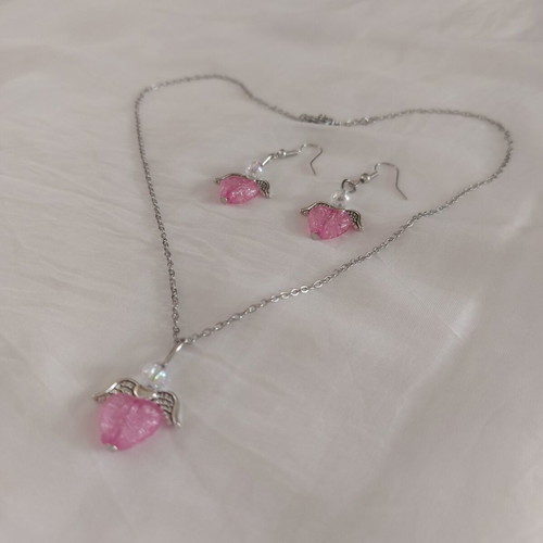 Pink Angel jewelry set with necklace and earrings, handmade