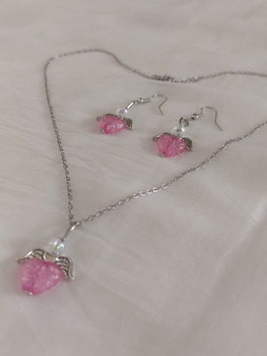 Pink Angel jewelry set with necklace and earrings, handmade