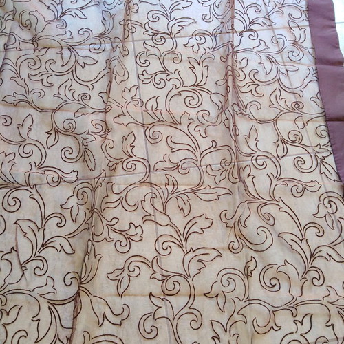 Tablecloth set of five pieces iridescent dark brown, silk organza with embossed flowers and border
