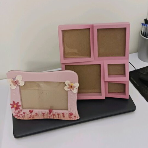 Photo frame set like new, wooden and ceramic with flowers