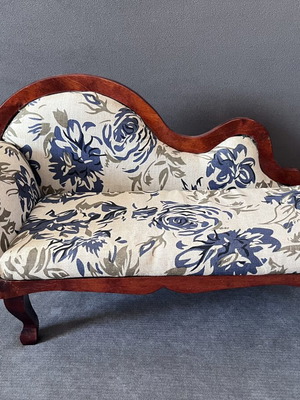 Vintage doll sofa restored, handmade solid wood with floral upholstery