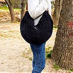  Μεγάλη πλεκτή μαύρη τσάντα στυλ hobo, στρόγγυλη με φερμουάρ από βαμβακερό νήμα