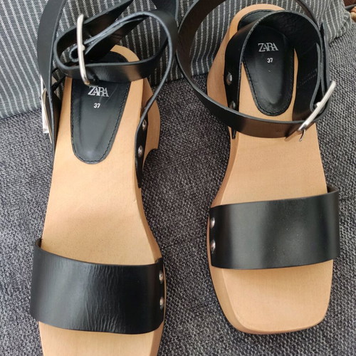 Zara leather wooden platform sandals new size 37 black and brown