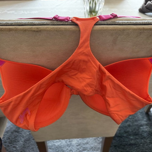 DKNY bra like new, sports style, coral with purple straps, 85C