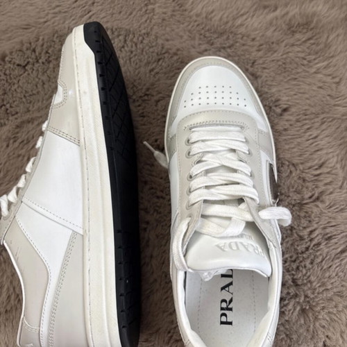 Prada Downtown Leather Sneakers Size 39.5 EU Like New Beige White