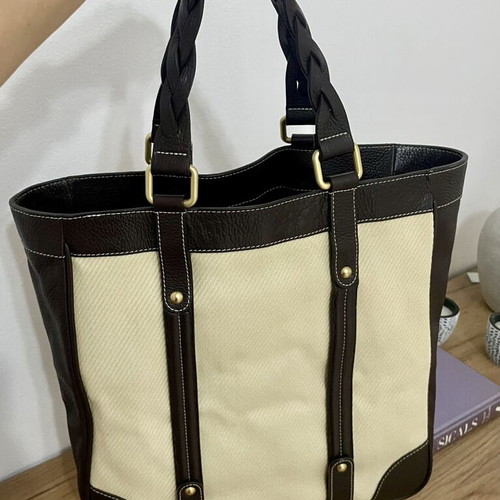 Massimo Dutti leather and cotton tote bag, dark brown and ecru