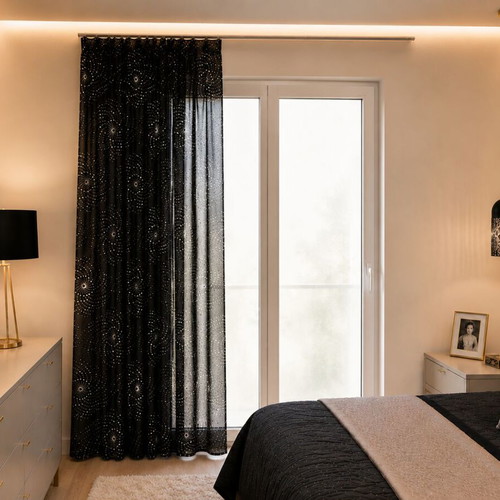 Black Semi-Transparent Curtain with Silver Spiral Design 286x274 cm new