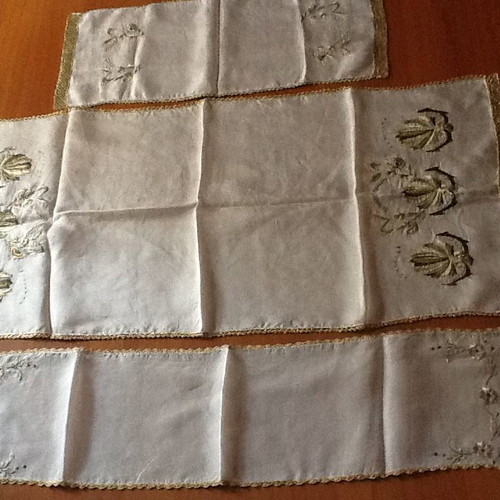Set of 3 handmade silk table runners with gold thread embroidery and lace trim