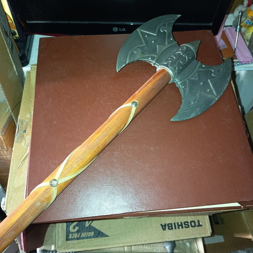 Viking decorative axe like new, long with iron, wood, and leather