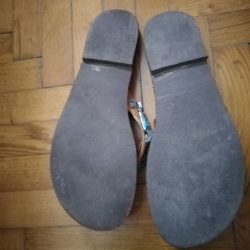 Handmade women's sandals like new, genuine leather, beige with blue stones, size 40-41