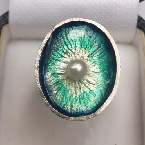 Silver ring handmade with permanent enamel and cultured pearl