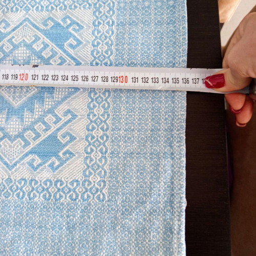 Woven Jacquard Tablecloth used, blue with geometric vintage cotton design