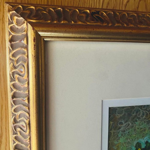 Painting by Lefteris Tsimogiannis with clay pot and flowers, framed
