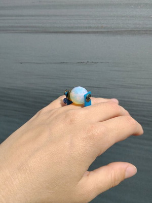 Children's handmade ring made of rubber with moonstone new, blue