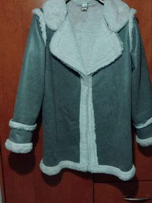Fleece jacket coat with fur like new, gray and green