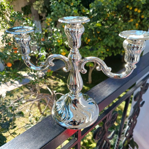 Silver-plated ornate three-arm candlestick new, excellent quality