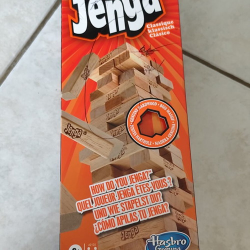 Jenga board game used with marked packaging