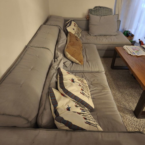 Corner sofa, four-seater, right side, light grey-blue