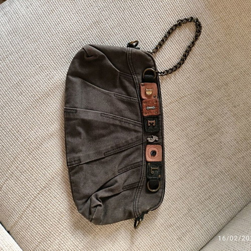 Diesel cotton jean clutch bag with leather patches and chain like new