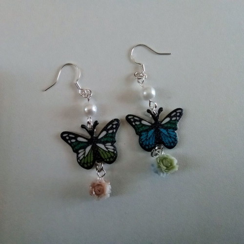 Handmade earrings with blue butterflies and pearls, new