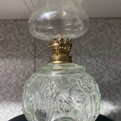 Vintage glass oil lamp 21cm used with embossed floral design