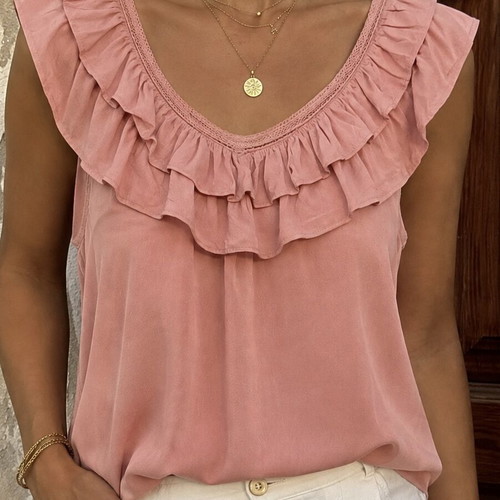 Blush pink frill neck viscose blouse top Vero Moda size S used