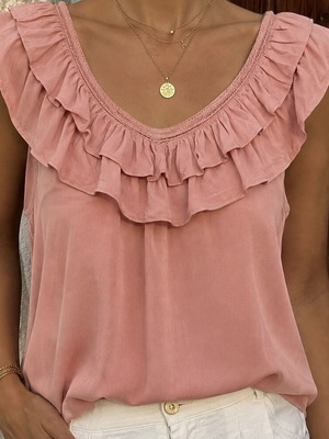 Blush pink frill neck viscose blouse top Vero Moda size S used