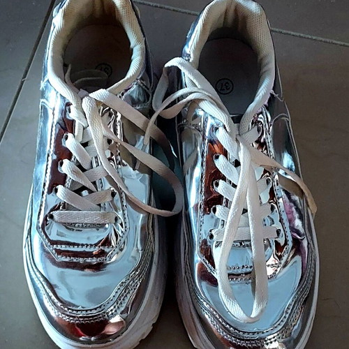 Silver Sneakers size 37 like new, chunky sole, synthetic leather