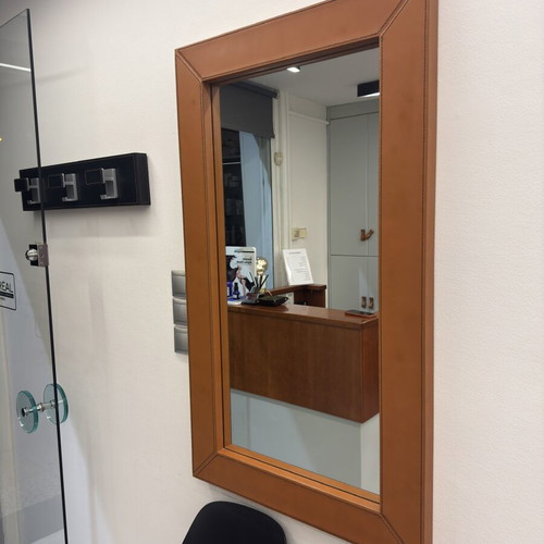 Wall mirror used with cognac leather frame