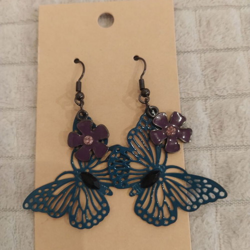 Butterfly earrings new, metal with green and purple stones