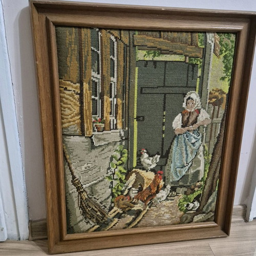 German gobelin in wooden frame like new, village theme