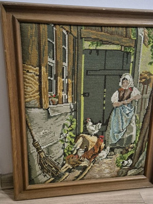 German gobelin in wooden frame like new, village theme
