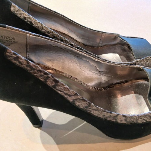 Anne Klein peep toe suede pumps with snake print and satin details