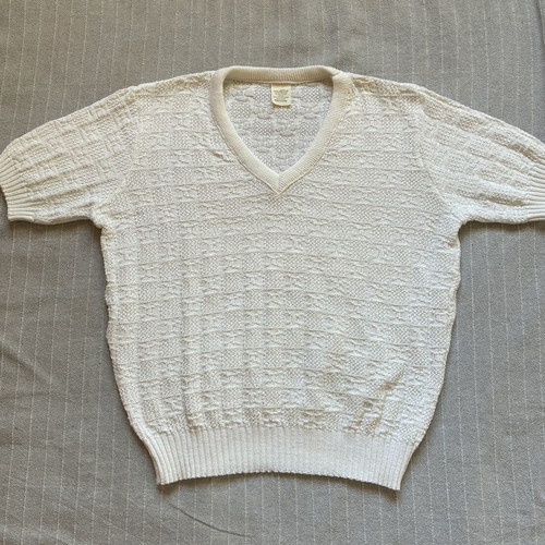 Vintage 80s 90s Textured Knit Short Sleeve V-Neck Sweater, Crisp White