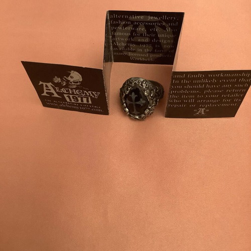 Alchemy ring silver like new, handmade with black stone and painted cross