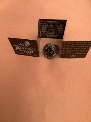 Alchemy ring silver like new, handmade with black stone and painted cross