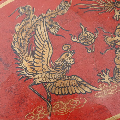 Vintage Chinese Red Lacquered Leather Box with Gilded Dragon and Phoenix