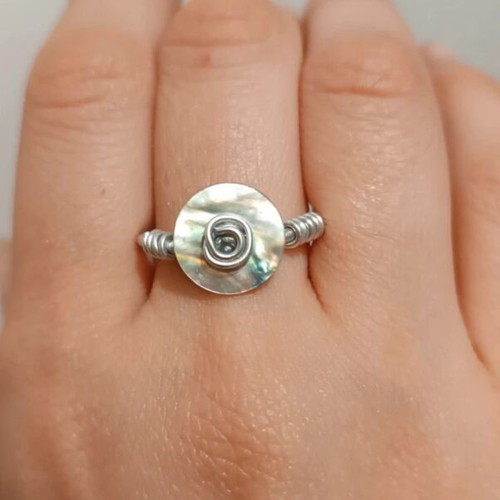 Ring with iridescent shell button adjustable, handmade silver