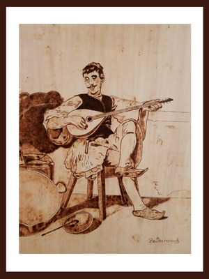 Woodburning painting O Galatas by Nikiforos Lytras new on linden wood