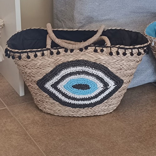 Handmade Straw Beach Bags with Eye Design and Cotton Lining