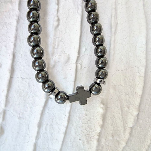 Men's bracelet with cross and black hematite stones, new