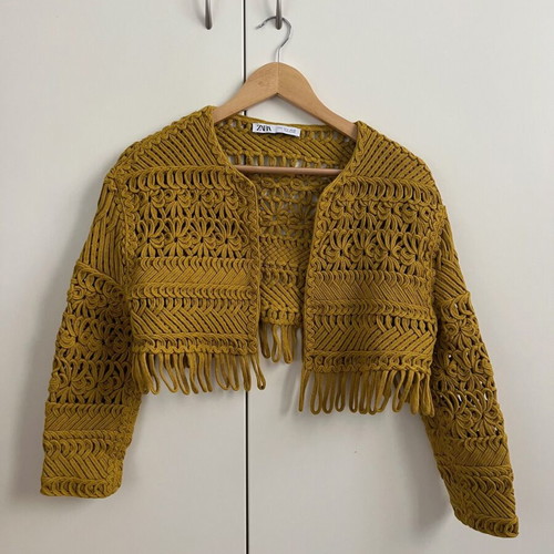 Zara boho crochet fringe cardigan 100% cotton new, yellow