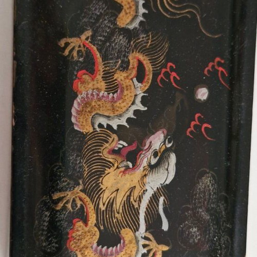 Wooden box used with painted Chinese dragon on black lacquer