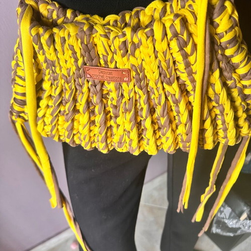 Handmade crochet shoulder bag in yellow and brown