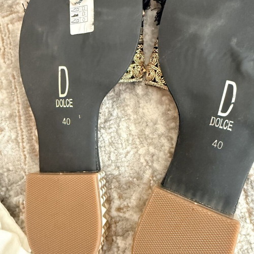 Dolce slippers new with ornate gold heel and unique details